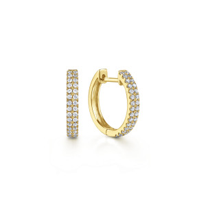 Gabriel & Co. EG13173Y45JJ 14 karat yellow gold Lusso earrings, front view of two huggies with double rows of round colorless stones