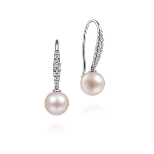 Gabriel & Co. EG13190W45PL 14 karat white gold Color earrings, front view of the pair, a graduated diamond row above each hanging round pearl