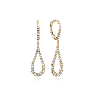 Gabriel & Co. EG13195Y45JJ 14 karat yellow gold Lusso earrings, front view of the pair, one turned to show the lever back and the stone set loop