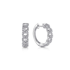 Gabriel & Co. EG13232W45JJ 14 karat white gold Lusso earrings, front view of a pair of huggies, one seen edge on, with chain links covered in stones