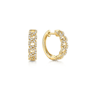 Gabriel & Co. EG13232Y45JJ 14 karat yellow gold Lusso earrings, front view of the pair, one edge on showing the interlocking pave links