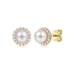 Gabriel & Co. EG13233Y45PL 14 karat yellow gold Color earrings, front view of the pair, one pearl face on and one turned to show the post and back
