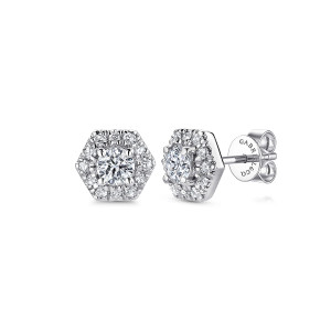 Gabriel & Co. EG13241W45JJ 14 karat white gold Lusso earrings, front view of the pair, six sided plates around round stones, one with its push back in view