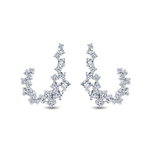 Gabriel & Co. EG13257W84JJ 18 karat white gold Waterfall earrings, front view of the pair, mirrored crescents of clustered stones curving open at the bottom