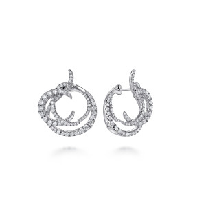 Gabriel & Co. EG13268W84JJ 18 karat white gold Kaslique earrings, front view of both earrings, crossing looped bands forming an open swirl with a pointed curl