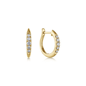 Gabriel & Co. EG13327Y45JJ 14 karat yellow gold Lusso earrings, front view of the pair showing the graduated diamond row, hinge and post