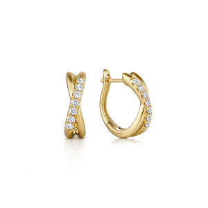 Gabriel & Co. EG13328Y45JJ 14 karat yellow gold Contemporary earrings, front view of the pair, a smooth band crossing a diagonal row of round stones