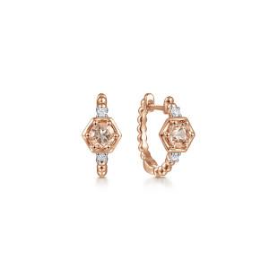 Gabriel & Co. EG13336K45MO 14 karat rose gold Color earrings, front view of the pair, the pink stone in a six sided frame between round diamonds