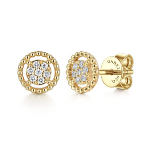 Gabriel & Co. EG13355Y45JJ 14 karat yellow gold Bujukan earrings, front view of the pair, one cluster facing out and one turned to show post and back