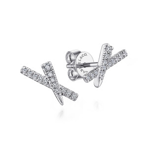 Gabriel & Co. EG13407W45JJ 14 karat white gold Kaslique earrings, angled view of the pair showing the crossing bars of stones and the push back on one