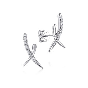 Gabriel & Co. EG13413W45JJ 14 karat white gold Kaslique earrings, front view of the pair, a diamond arm crossing a smooth tapered arm, maker's mark on the back disc
