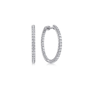 Gabriel & Co. EG13462W45JJ 14 karat white gold Lusso earrings, front view of the pair, one oval hoop beside one seen edge on as a line of diamonds