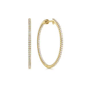 Gabriel & Co. EG13465Y45JJ 14 karat yellow gold Lusso earrings, front view of the pair, one hoop open to the viewer and one turned edge on