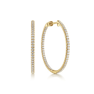 Gabriel & Co. EG13466Y45JJ 14 karat yellow gold Lusso earrings, front view of the pair with diamonds on the inner face and a post at the top