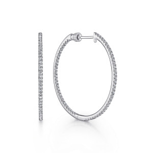 Gabriel & Co. EG13479W45JJ 14 karat white gold Lusso earrings, front view of the pair, one hoop open and the other edge on with stones