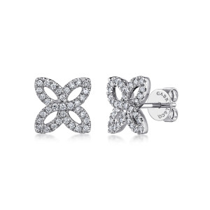 Gabriel & Co. EG13488W45JJ 14 karat white gold Lusso earrings, front view of the pair, one stud face on and one turned to show the post