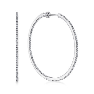 Gabriel & Co. EG13503W45JJ 14 karat white gold Lusso earrings, front view of the pair, one hoop turned edge on beside one face on with stones along its inner edge
