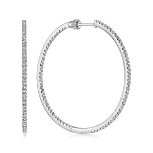 Gabriel & Co. EG13504W45JJ 14 karat white gold Lusso earrings, front view of the pair, one hoop edge on and one open showing stones inside and out