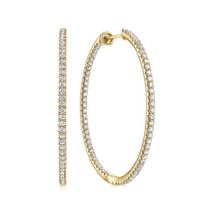 Gabriel & Co. EG13505Y45JJ 14 karat yellow gold Lusso earrings, front view of one hoop edge on beside one face on, stones lining the inner edge