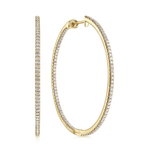 Gabriel & Co. EG13508Y45JJ 14 karat yellow gold Lusso earrings, angled view of a pair, one hoop turned to show the stone row and one seen edge on