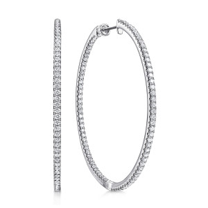 Gabriel & Co. EG13509W45JJ 14 karat white gold Lusso earrings, front view of the pair, one hoop edge on showing the single row of diamonds along its face