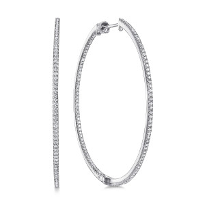 Gabriel & Co. EG13549W45JJ 14 karat white gold Lusso earrings, front view of the pair, diamonds lining the front and inner faces down to a plain base