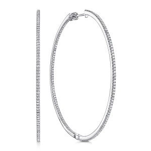 Gabriel & Co. EG13550W45JJ 14 karat white gold Lusso earrings, front view of one hoop edge on beside one face on, with the post at the top