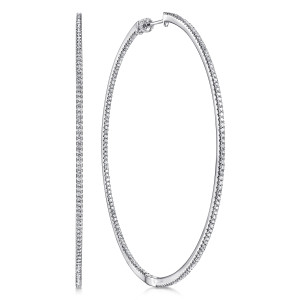 Gabriel & Co. EG13553W45JJ 14 karat white gold Lusso earrings, front view of two matching hoops, one full oval and one seen edge on, with a stone line