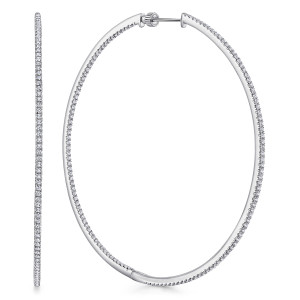 Gabriel & Co. EG13554W45JJ 14 karat white gold Lusso earrings, front view of the pair, one hoop edge on, one open with post and smooth base