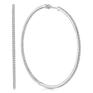 Gabriel & Co. EG13555W45JJ 14 karat white gold Lusso earrings, front view of the pair, one hoop face on and one seen edge on along its stone row
