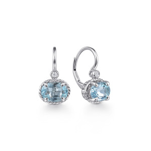 Gabriel & Co. EG13563W45AQ 14 karat white gold Hampton earrings, front view of two drops, one turned to show the lever back and rope framed oval
