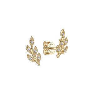 Gabriel & Co. EG13572Y45JJ 14 karat yellow gold Lusso earrings, angled view of the pair, leaf plates with single stones and a post with push back