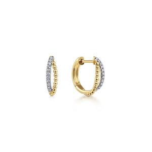 Gabriel & Co. EG13583Y45JJ 14 karat yellow gold Bujukan earrings, front view of two hinged huggies, each pairing a beaded strand with a pave stone row