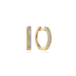 Gabriel & Co. EG13584Y45JJ 14 karat yellow gold Bujukan earrings, front view of the pair, the bead ridge beside the diamond row and the hinge