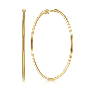 Gabriel & Co. EG13604Y4JJJ 14 karat yellow gold Contemporary earrings, front view of two plain wire hoops, one edge on, with a knurled cap at the top