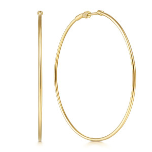 Gabriel & Co. EG13605Y4JJJ 14 karat yellow gold Contemporary earrings, front view of the pair, two plain polished wire hoops with a threaded post at the top