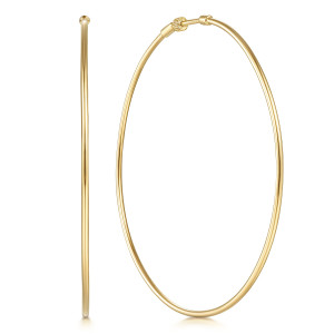 Gabriel & Co. EG13606Y4JJJ 14 karat yellow gold Contemporary earrings, front view of the pair, one hoop edge on and one open with its collar at the top