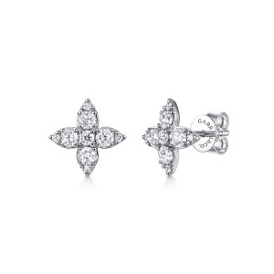 Gabriel & Co. EG13644W45JJ 14 karat white gold Lusso earrings, front view of two cross shaped studs, one turned to show the post and push back