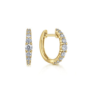Gabriel & Co. EG13648Y45JJ 14 karat yellow gold Lusso earrings, front view of the pair, one hoop edge on to show the stones graduating toward its middle