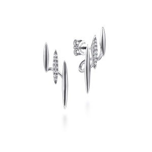 Gabriel & Co. EG13653W45JJ 14 karat white gold Kaslique earrings, front view of the pair, two polished blades flanking a middle blade set with tiny diamonds