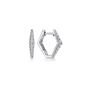 Gabriel & Co. EG13658W45JJ 14 karat white gold Kaslique earrings, front view of two angular hoops, one edge on showing graduated stones, one showing the hinge
