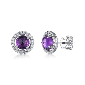 Gabriel & Co. EG13661W45AM 14 karat white gold Color earrings, front view of the pair with purple domes in diamond rings, one turned to show the push back