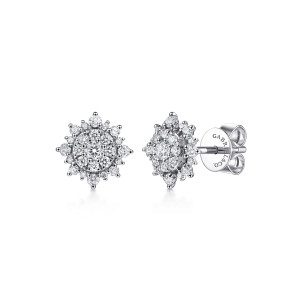 Gabriel & Co. EG13663W45JJ 14 karat white gold Lusso earrings, front view of a pair, the pointed ring of stones around a packed middle