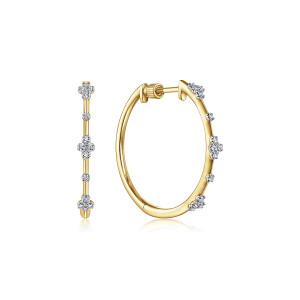 Gabriel & Co. EG13672Y45JJ 14 karat yellow gold Contemporary earrings, front view of the pair, one hoop edge on showing clusters set between single stones