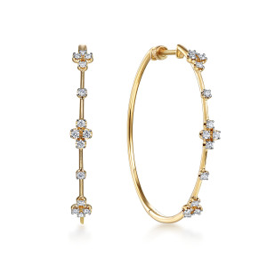 Gabriel & Co. EG13673Y45JJ 14 karat yellow gold Contemporary earrings, front view of the pair, wire hoops with diamond clusters alternating with single prong set stones