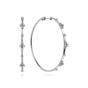 Gabriel & Co. EG13674W45JJ 14 karat white gold Contemporary earrings, front view of the pair with single prong set stones between cross shaped clusters on bare wire