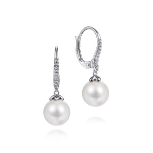 Gabriel & Co. EG13693W45PL 14 karat white gold Color earrings, angled view of the pair showing the diamond lined wire, the lever back and the round pearl