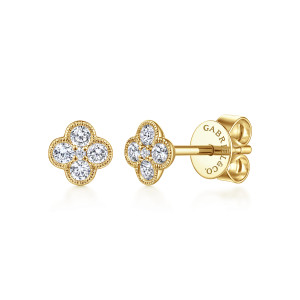 Gabriel & Co. EG13715Y45JJ 14 karat yellow gold Lusso earrings, front view of a pair, the four lobed faces with a tiny stone in each middle