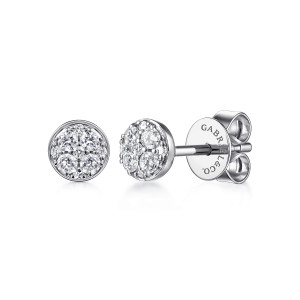 Gabriel & Co. EG13718W45JJ 14 karat white gold Lusso earrings, front view of the pair with four larger stones inside the smooth raised rim