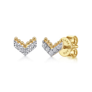 Gabriel & Co. EG13741Y45JJ 14 karat yellow gold Bujukan earrings, front view of a pair, one turned to show the post and push back behind the V